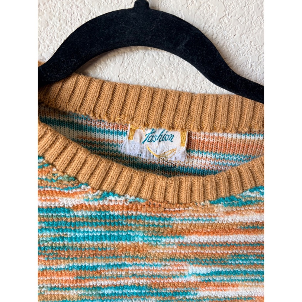Vintage Fashion Womens Space Dye Knit XS Sweater Tan‎ Teal Crew Neck Ribbed Trim - Picture 5 of 11